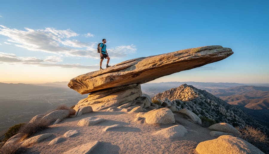 Hikers near Potato Chip Rock on Mount Woodson with chaparral hills in the distance