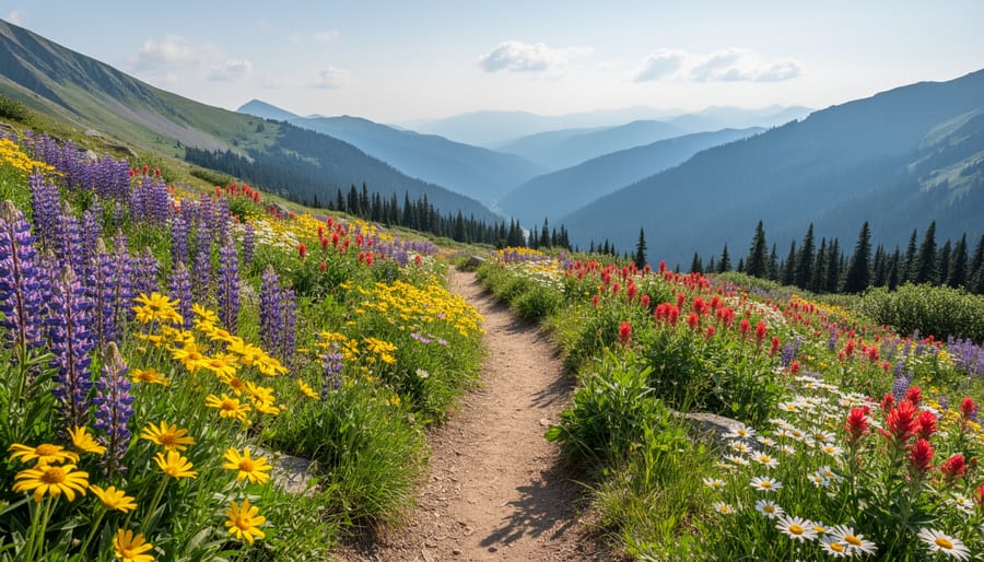 Hikers on a sunlit alpine trail with wildflowers and distant mountains at Sun Peaks