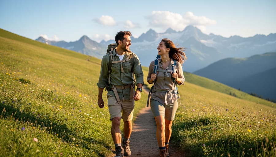Hiking couple smiling outdoors in a sunlit alpine meadow