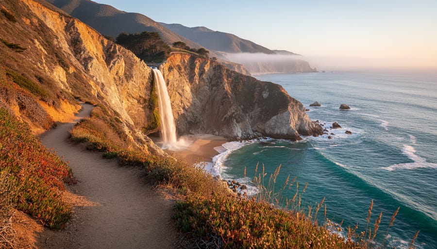 McWay Falls waterfall pouring into the ocean at Julia Pfeiffer Burns State Park