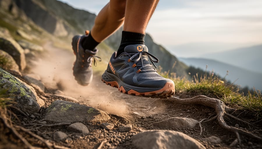 Merrell Agility Peak 6 shoes stepping across rocky, technical trail terrain