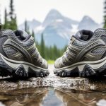 Close-up of Merrell hiking shoes with detailed tread on a wet rocky Canadian trail, with a forest background softly blurred.
