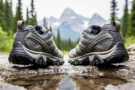Close-up of Merrell hiking shoes with detailed tread on a wet rocky Canadian trail, with a forest background softly blurred.