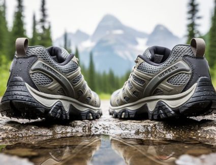 Close-up of Merrell hiking shoes with detailed tread on a wet rocky Canadian trail, with a forest background softly blurred.