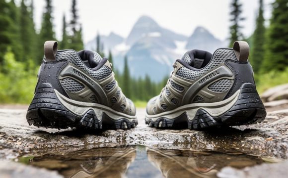 Close-up of Merrell hiking shoes with detailed tread on a wet rocky Canadian trail, with a forest background softly blurred.