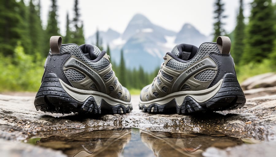 Close-up of Merrell hiking shoes with detailed tread on a wet rocky Canadian trail, with a forest background softly blurred.
