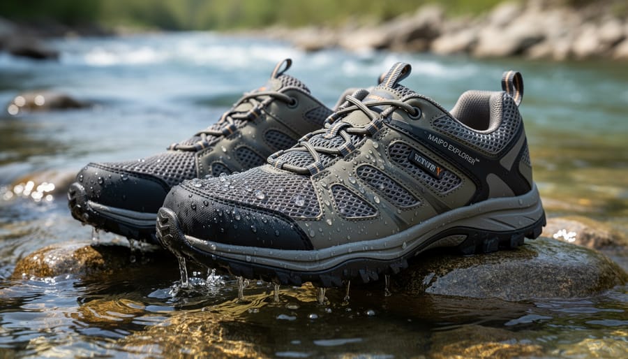 Merrell Maipo Explorer Sieve shoes on wet stones at a shallow stream edge