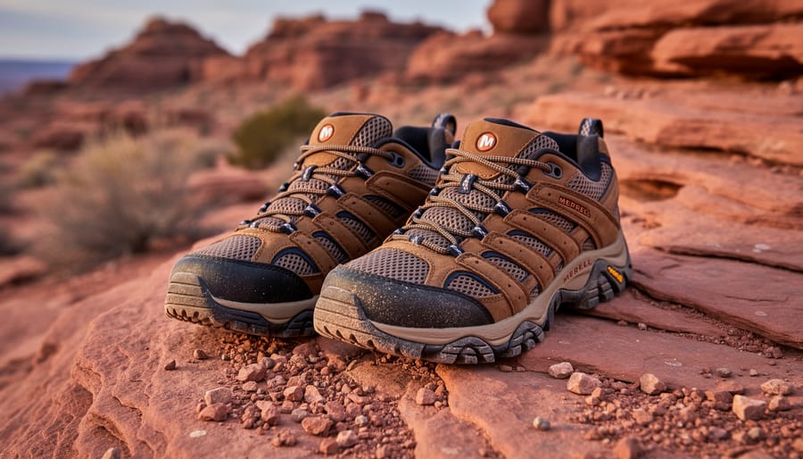 Merrell Moab 3 hiking shoes photographed on a rocky trail with clear outsole tread and cushioning details