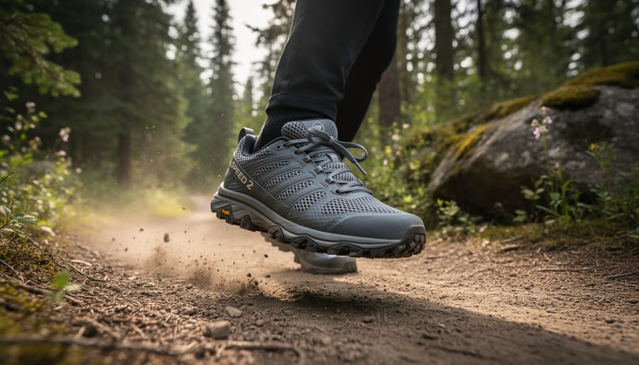 Merrell Moab Speed 2 hiking shoes in motion on a forest trail under even overcast light