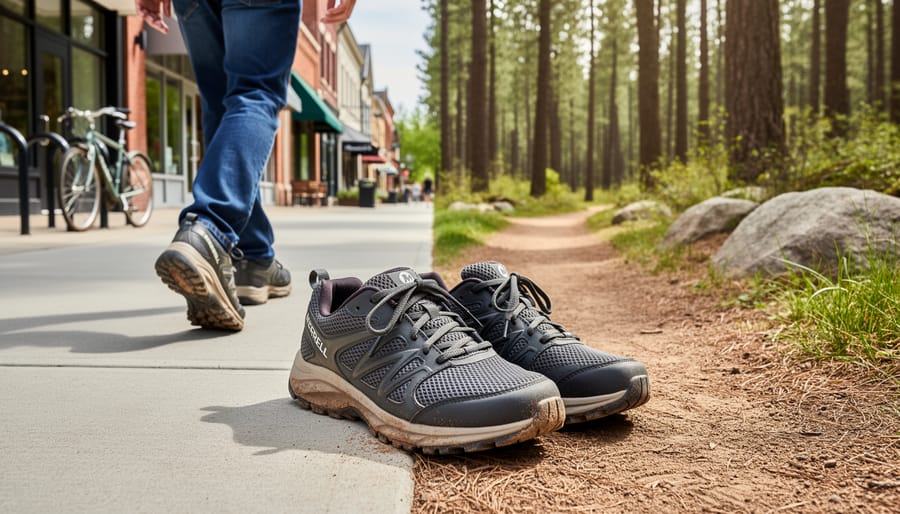 Merrell Relay shoes on a path near a trailhead with a city-to-trail setting in the background