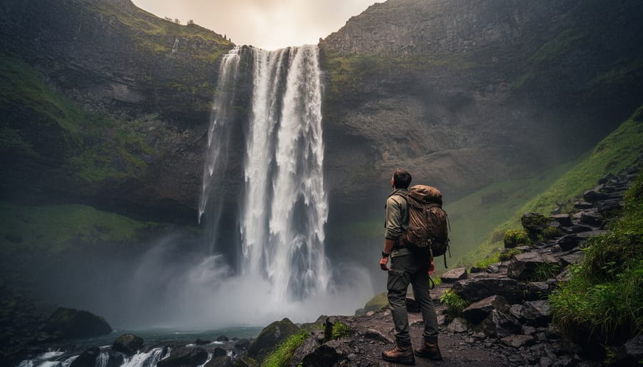 Silhouetted hiker standing on rocks at the base of a waterfall with mist in the air