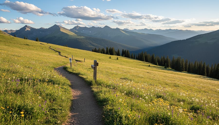 Sub-alpine meadow with wildflowers and distant mountain ridges at Sun Peaks