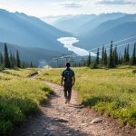 Hiker on a Sun Peaks alpine hiking trail with meadow scenery and mountain ridge views in natural daylight.
