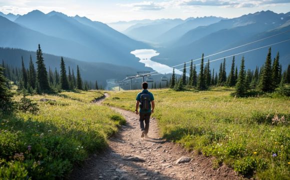 Hiker on a Sun Peaks alpine hiking trail with meadow scenery and mountain ridge views in natural daylight.