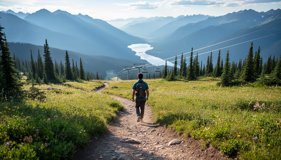 Hiker on a Sun Peaks alpine hiking trail with meadow scenery and mountain ridge views in natural daylight.