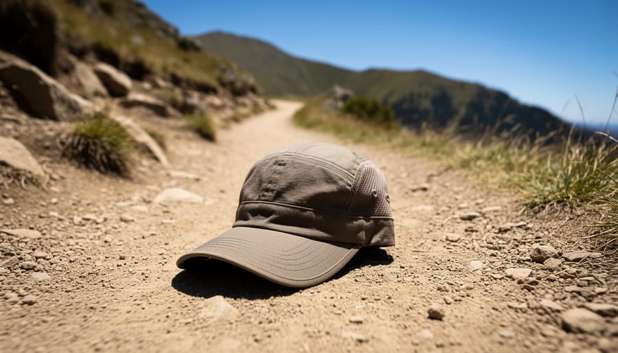 Sun-protection hiking cap resting on rocks during a bright midday hike