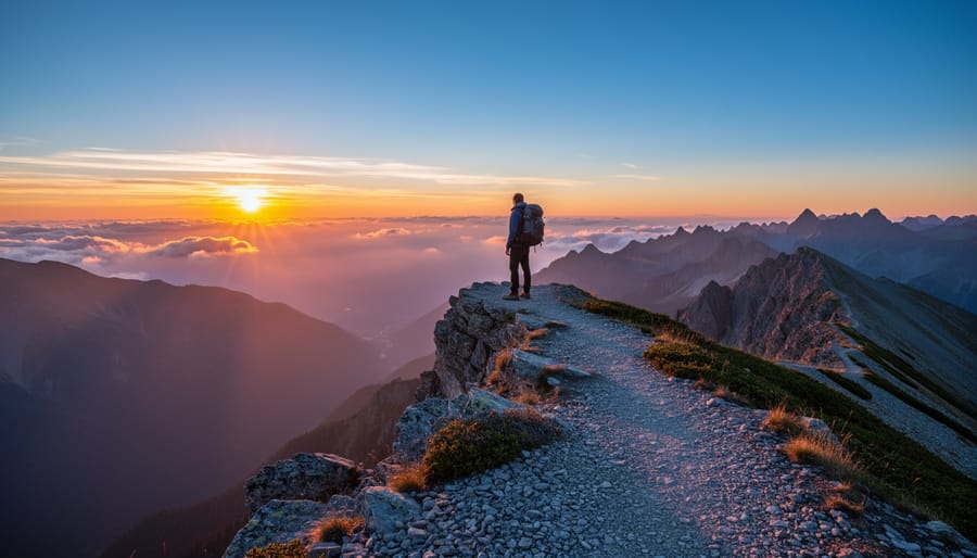 Three hikers at sunrise on a rocky mountain overlook with a valley view in the distance