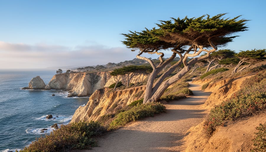 Trail in Torrey Pines Reserve with Torrey pine trees and ocean bluffs in the background