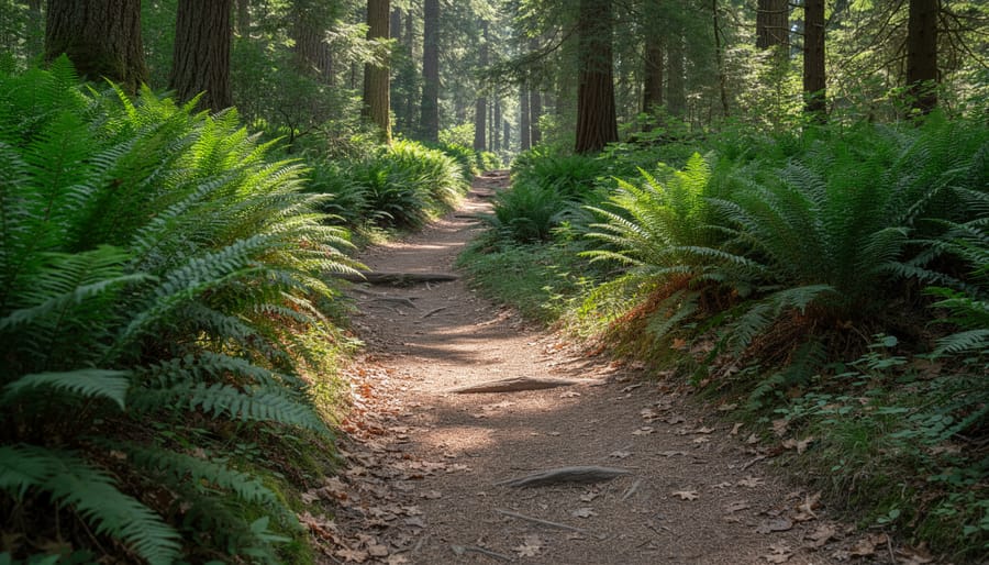 Winding forest trail with ferns and shrubs leading through trees on Wolf Trail.