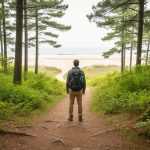 “Hiker at a forest trailhead near a beach access, looking down a winding dirt path representing Wolf Trail.”