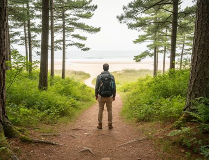 “Hiker at a forest trailhead near a beach access, looking down a winding dirt path representing Wolf Trail.”
