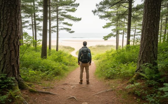 “Hiker at a forest trailhead near a beach access, looking down a winding dirt path representing Wolf Trail.”