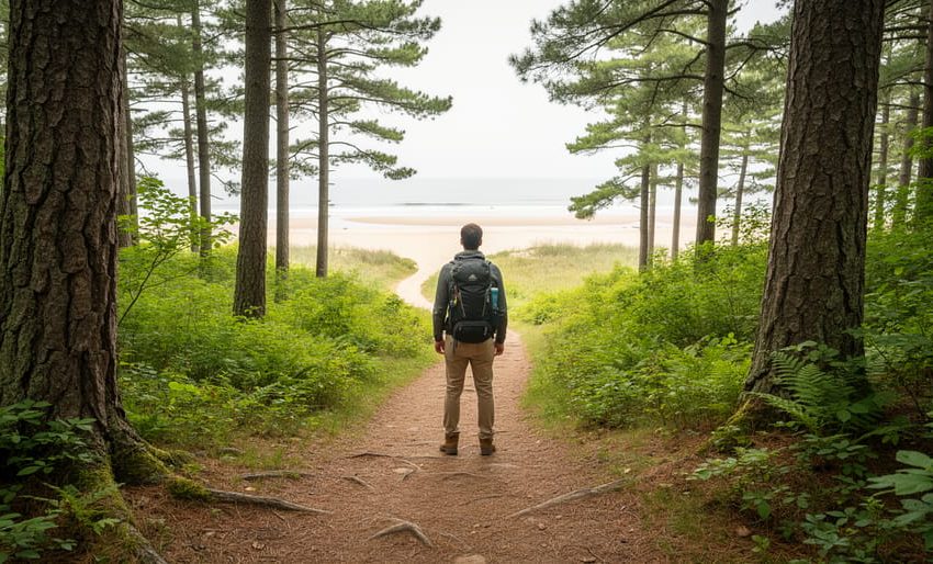 “Hiker at a forest trailhead near a beach access, looking down a winding dirt path representing Wolf Trail.”
