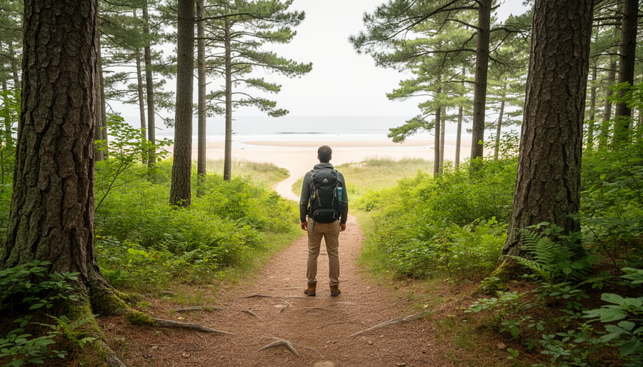 “Hiker at a forest trailhead near a beach access, looking down a winding dirt path representing Wolf Trail.”