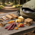 Trail hiking foods including trail mix, energy bars, dried fruit, jerky, cheese, honey/energy gel, nut butter, and whole-grain crackers arranged beside an open daypack on a wooden picnic table.
