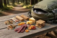 Trail hiking foods including trail mix, energy bars, dried fruit, jerky, cheese, honey/energy gel, nut butter, and whole-grain crackers arranged beside an open daypack on a wooden picnic table.