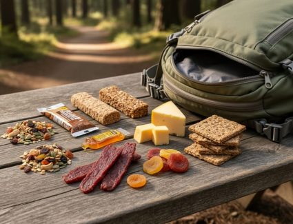 Trail hiking foods including trail mix, energy bars, dried fruit, jerky, cheese, honey/energy gel, nut butter, and whole-grain crackers arranged beside an open daypack on a wooden picnic table.