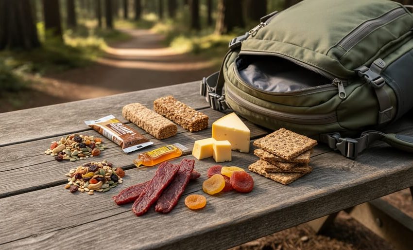 Trail hiking foods including trail mix, energy bars, dried fruit, jerky, cheese, honey/energy gel, nut butter, and whole-grain crackers arranged beside an open daypack on a wooden picnic table.