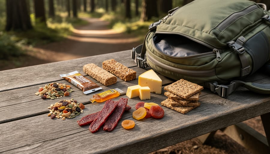 Trail hiking foods including trail mix, energy bars, dried fruit, jerky, cheese, honey/energy gel, nut butter, and whole-grain crackers arranged beside an open daypack on a wooden picnic table.