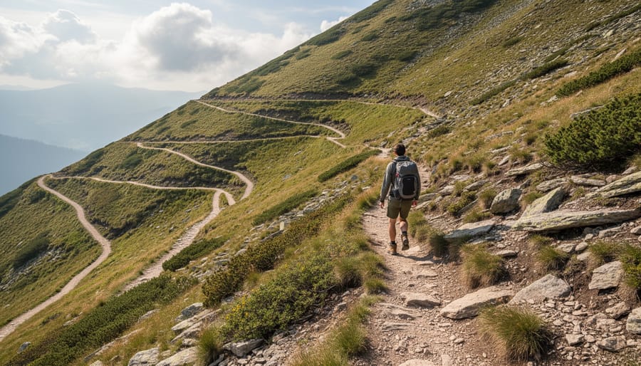 A hiker walking along a hillside trail with visible zig-zag switchbacks.