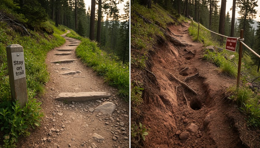 A hiking switchback trail with healthy groundcover beside a visibly eroded off-trail area.