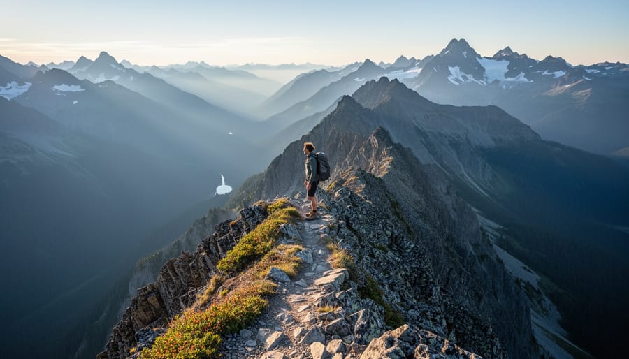 A lone hiker standing on a rocky ridge looking out over distant mountains and valleys.