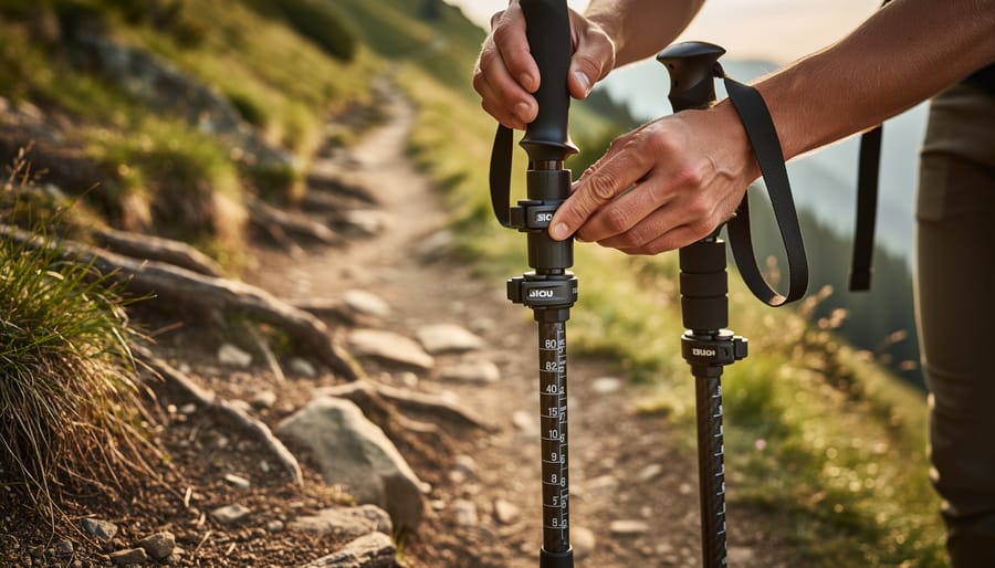 Close-up of hands adjusting trekking poles next to a backpack in a forest clearing.
