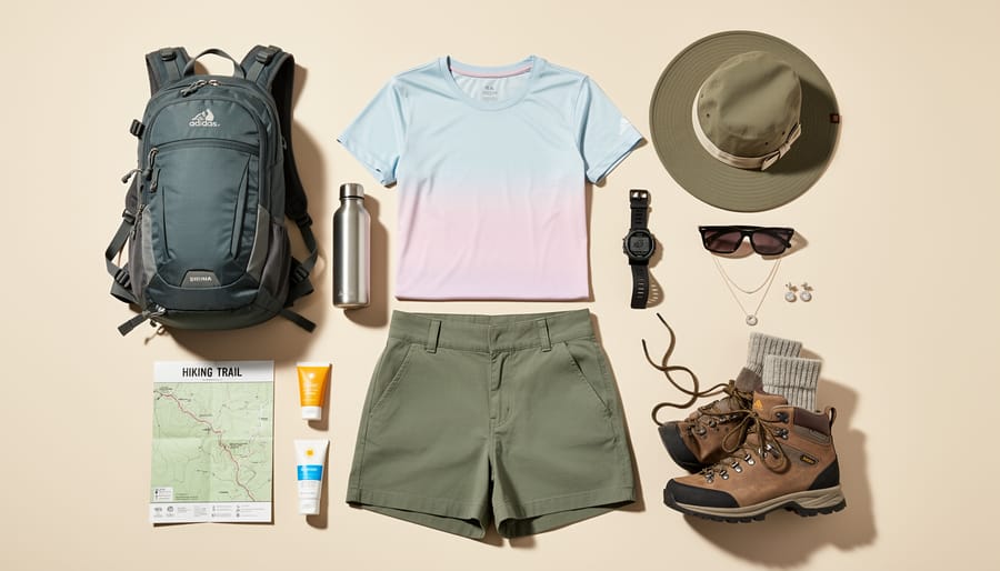 Hiker adjusting a small backpack while wearing approach shoes and hiking socks on a trail