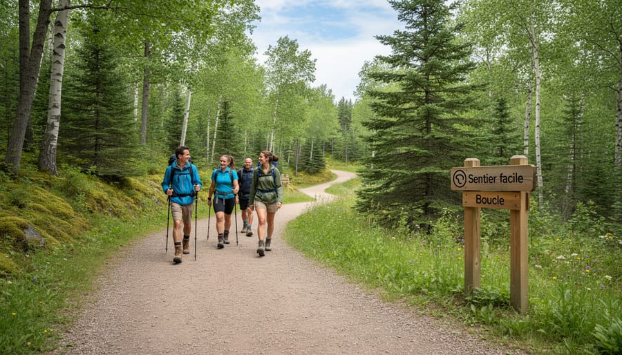 Family hiking on a gentle beginner-friendly woodland path near Quebec City