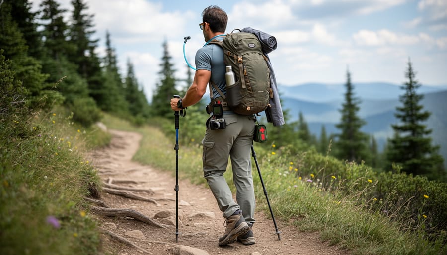 Beginner hiker adjusting trekking poles on a rocky forest trail