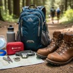 Trail-ready hiking essentials for beginners—daypack, water, first-aid kit, rain shell, headlamp, navigation tools, and hiking boots—laid out on a forest path.