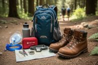 Trail-ready hiking essentials for beginners—daypack, water, first-aid kit, rain shell, headlamp, navigation tools, and hiking boots—laid out on a forest path.