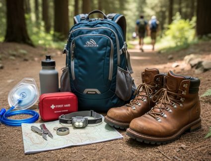 Trail-ready hiking essentials for beginners—daypack, water, first-aid kit, rain shell, headlamp, navigation tools, and hiking boots—laid out on a forest path.