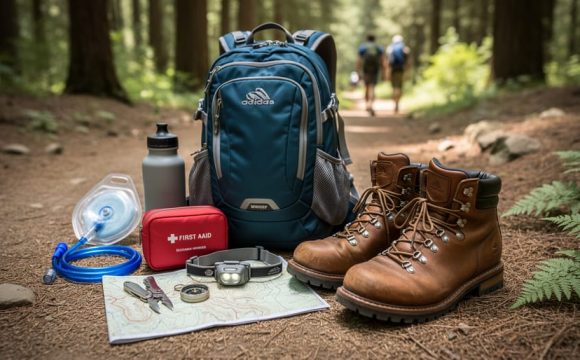 Trail-ready hiking essentials for beginners—daypack, water, first-aid kit, rain shell, headlamp, navigation tools, and hiking boots—laid out on a forest path.