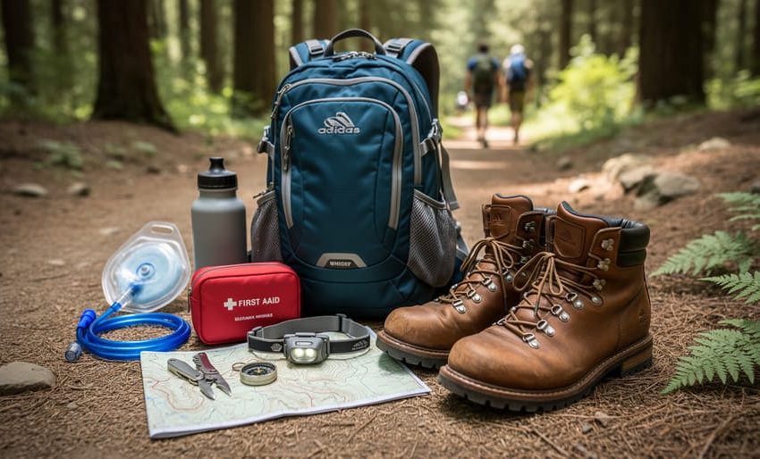 Trail-ready hiking essentials for beginners—daypack, water, first-aid kit, rain shell, headlamp, navigation tools, and hiking boots—laid out on a forest path.