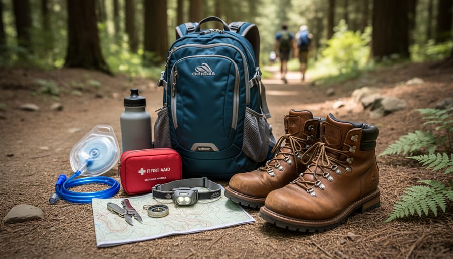 Trail-ready hiking essentials for beginners—daypack, water, first-aid kit, rain shell, headlamp, navigation tools, and hiking boots—laid out on a forest path.