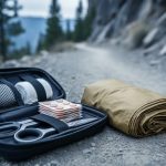 A compact waterproof first aid kit with organized supplies placed on a rocky hiking trail under overcast light, with outdoor gear in the background.