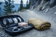 A compact waterproof first aid kit with organized supplies placed on a rocky hiking trail under overcast light, with outdoor gear in the background.