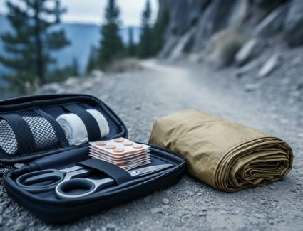 A compact waterproof first aid kit with organized supplies placed on a rocky hiking trail under overcast light, with outdoor gear in the background.