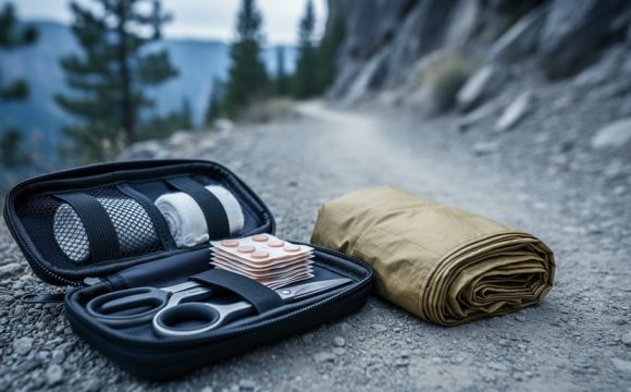 A compact waterproof first aid kit with organized supplies placed on a rocky hiking trail under overcast light, with outdoor gear in the background.